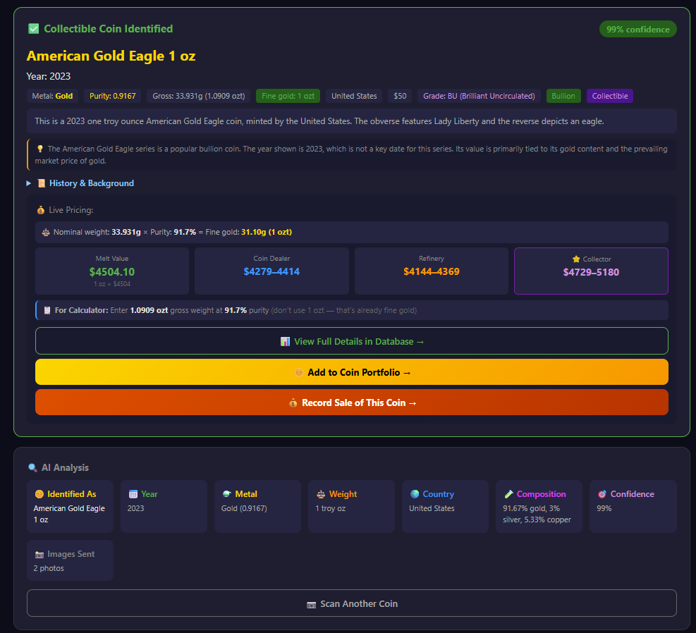 AI coin identification results showing coin type, year, composition, and estimated value